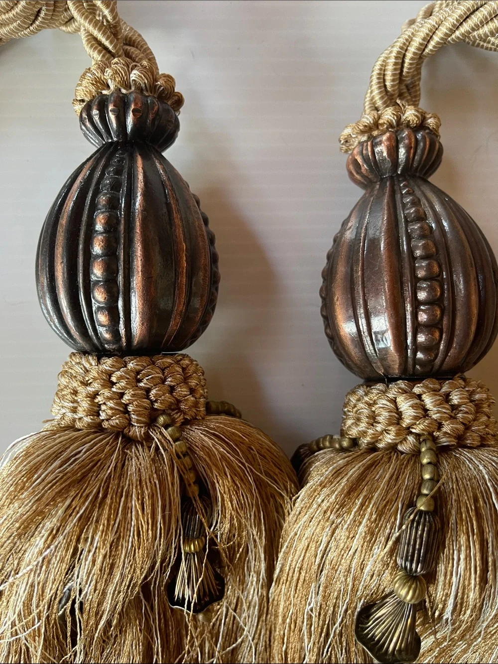 Pair of Gold Braided Cord Drapery Tiebacks Carved Ornamental Barrel Beads